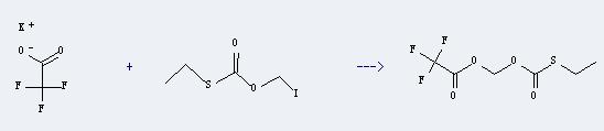 Potassium trifluoroacetate can react with thiocarbonic acid S-ethyl ester O-iodomethyl ester to produce trifluoro-acetic acid ethylsulfanylcarbonyloxymethyl ester